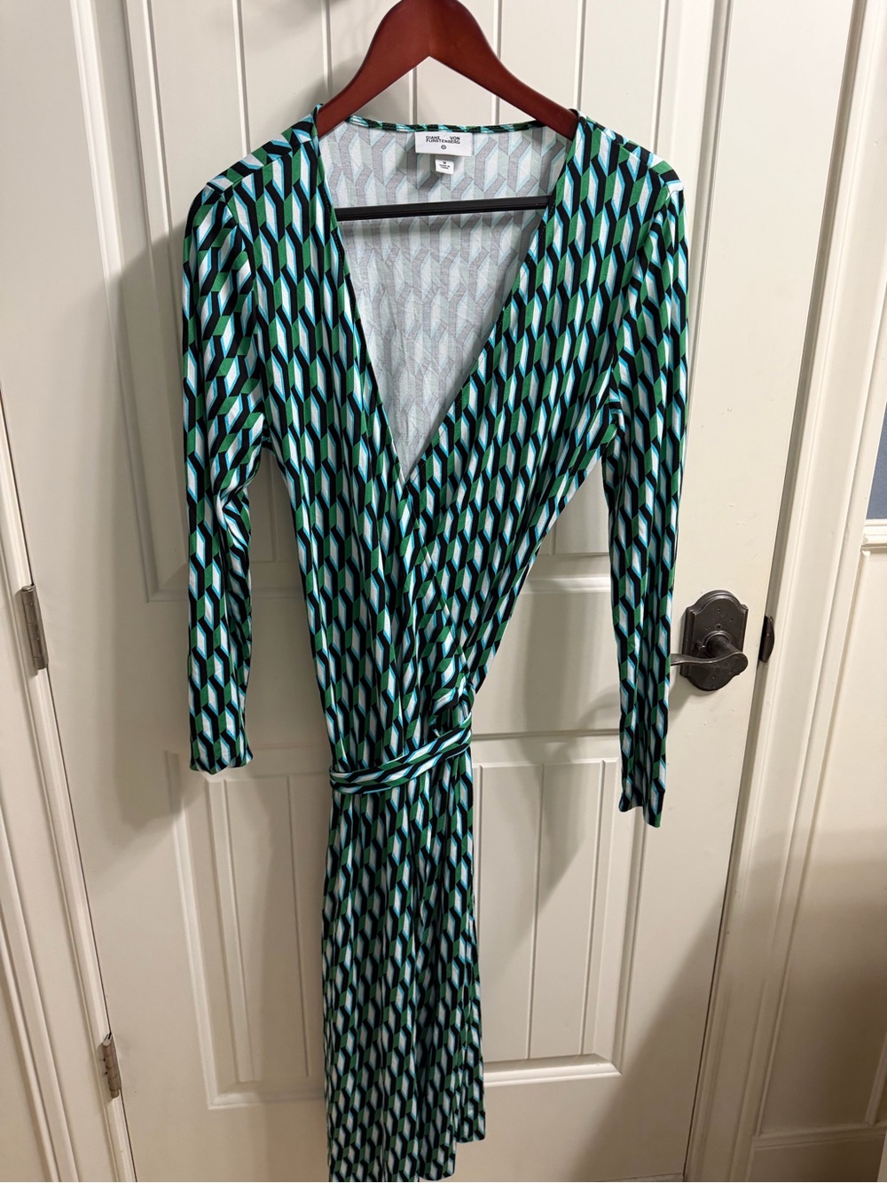 Diane Von Furstenberg Green Geometric Long-Sleeve Midi Wrap Dress